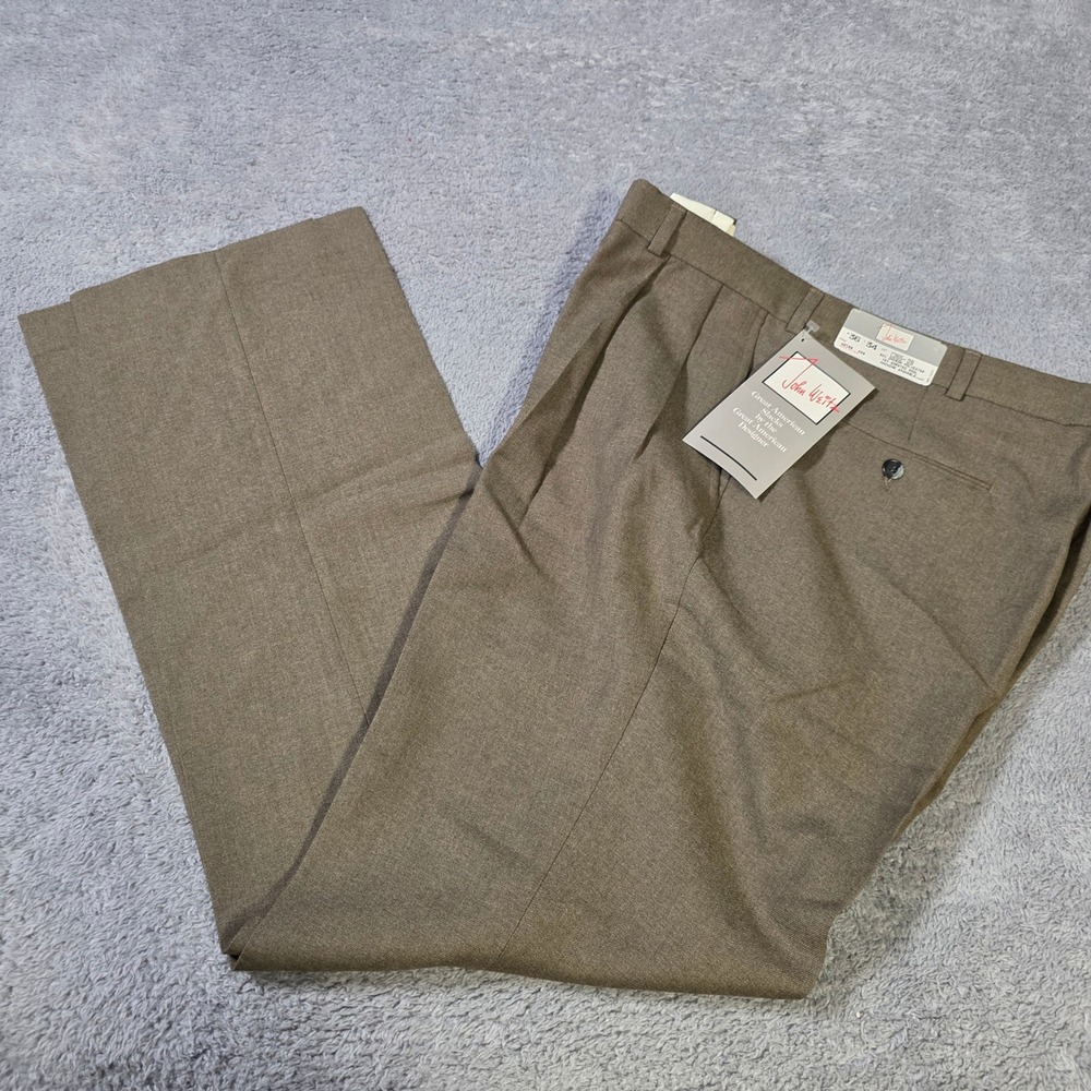 John Weitz Mens 36x34 Dress Slacks Brown Pleated Worsted Wool Blend Vintage USA